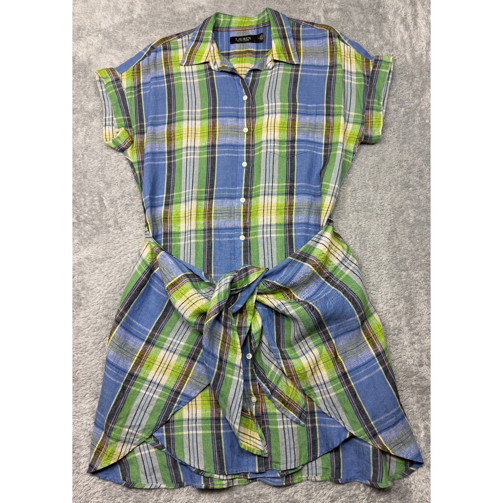 Lauren Ralph Lauren Linen Plaid Tie Front Mini‎ Shirtdress Womens Size 2 Blue